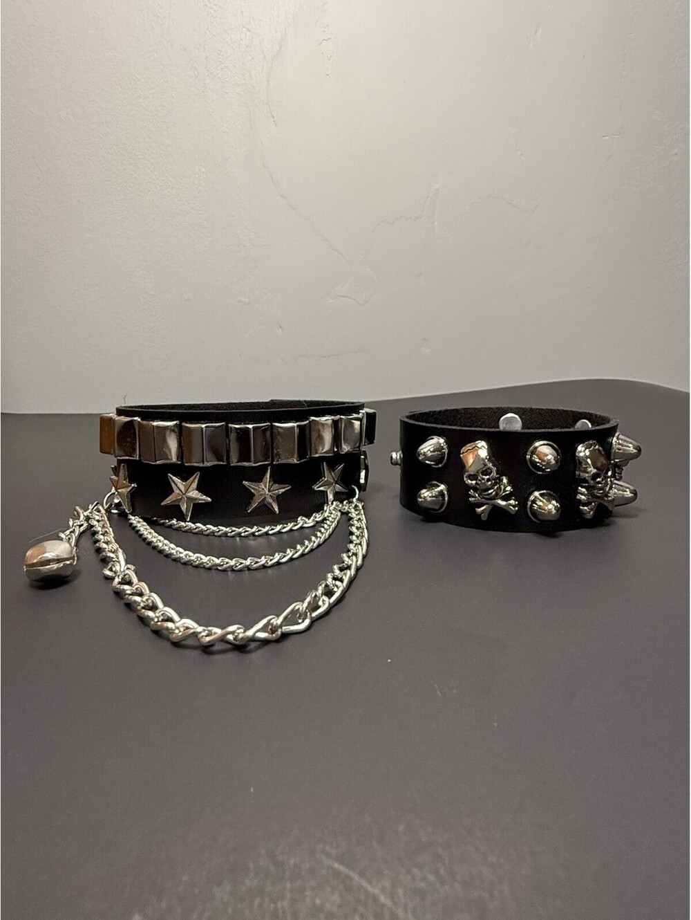 Black PU Leather Punk Goth Biker Emo Cuff Bracelets Studs Skulls Stars Chains